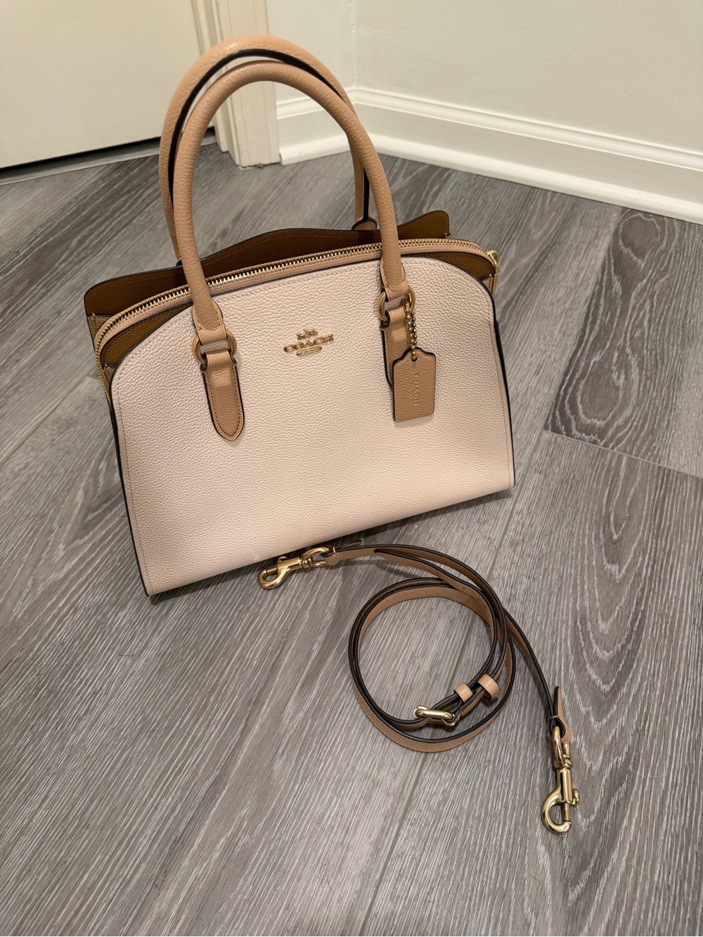 Coach Pebbled Leather Satchel in Blush and Tan with Gold Hardware